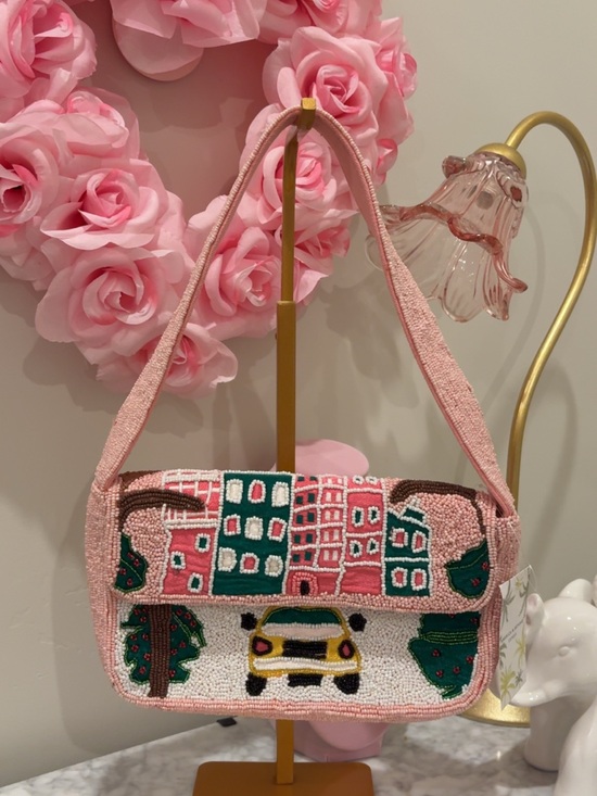Handbags - Pink Beaded Cityscape Shoulder Bag